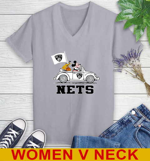 NBA Basketball Brooklyn Nets Pluto Mickey Driving Disney Shirt Women's V-Neck T-Shirt 5