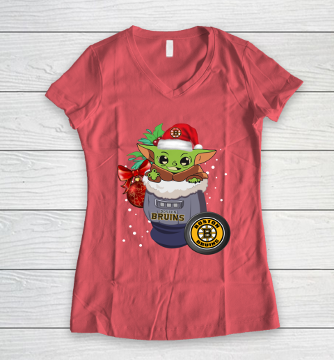 Boston Bruins Christmas Baby Yoda Star Wars Funny Happy NHL Women's V-Neck T-Shirt 6