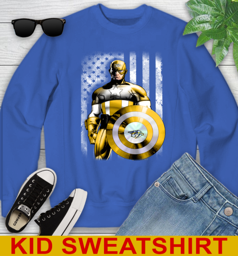 Nashville Predators NHL Hockey Captain America Marvel Avengers American Flag Shirt Youth Sweatshirt - Image 7
