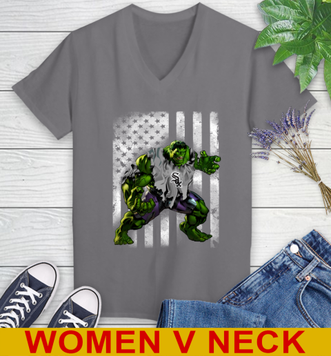 Chicago White Sox Hulk Marvel Avengers MLB Baseball American Flag Women's V-Neck T-Shirt 11