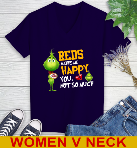 MLB Cincinnati Reds Makes Me Happy You Not So Much Grinch Baseball Sports Women's V-Neck T-Shirt 3