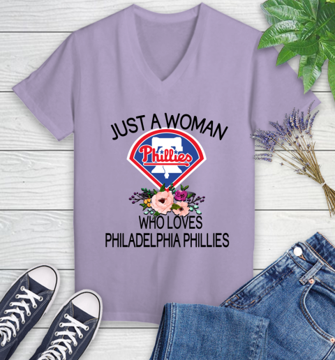 MLB Just A Woman Who Loves Philadelphia Phillies Baseball Sports Women's V-Neck T-Shirt 9