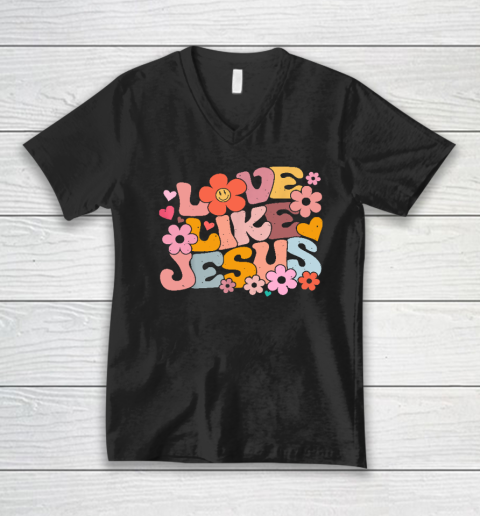 Love Like Jesus Christian Bible Verse Trendy Floral Heart V-Neck T-Shirt
