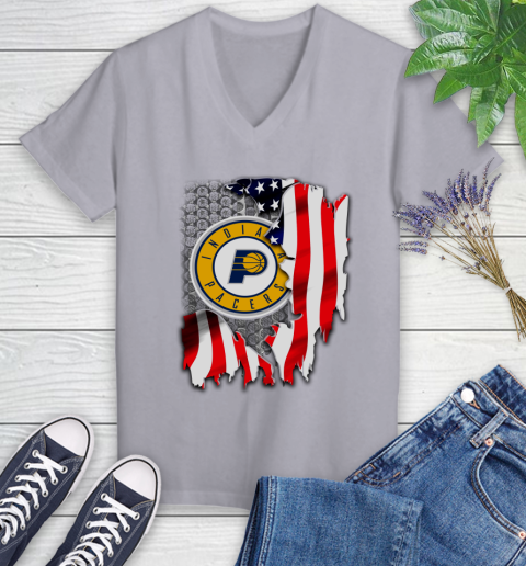 Indiana Pacers NBA Basketball American Flag Women's V-Neck T-Shirt 4