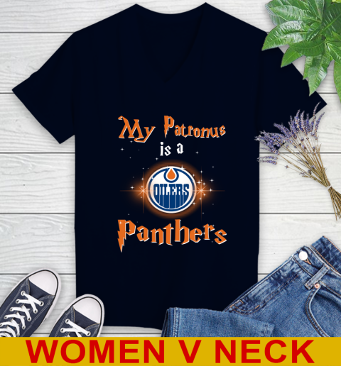 NHL Hockey Harry Potter My Patronus Is A Edmonton Oilers Women's V-Neck T-Shirt 2