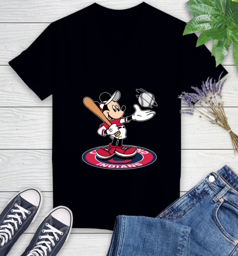 MLB Baseball Cleveland Indians Cheerful Mickey Disney Shirt Women's V-Neck T-Shirt