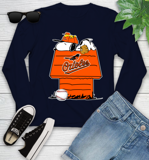 MLB Baltimore Orioles Snoopy Woodstock The Peanuts Movie Baseball T Shirt Youth Long Sleeve 3