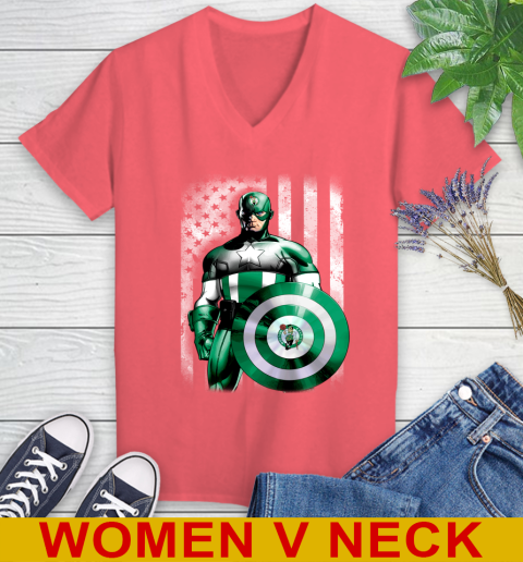 Boston Celtics NBA Basketball Captain America Marvel Avengers American Flag Shirt Women's V-Neck T-Shirt 6