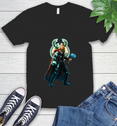 NBA Thor Avengers Endgame Basketball Milwaukee Bucks V-Neck T-Shirt 2
