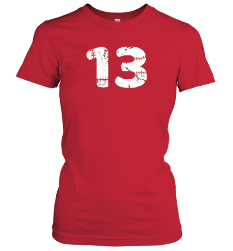 zsb5 number 13 baseball vintage distressed team ladies t shirt 20 front red