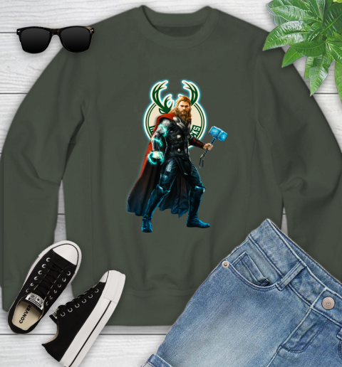 NBA Thor Avengers Endgame Basketball Milwaukee Bucks Youth Sweatshirt 10
