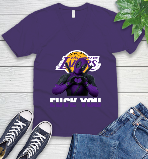 NBA Los Angeles Lakers Deadpool Love You Fuck You Basketball V-Neck T-Shirt 9