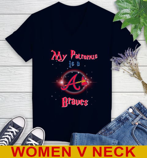 MLB Baseball Harry Potter My Patronus Is A Atlanta Braves Women's V-Neck T-Shirt 3 MLB Baseball Harry Potter My Patronus Is A Atlanta Braves Women's V-Neck T-Shirt - Image 3