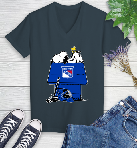 New York Rangers NHL Hockey Snoopy Woodstock The Peanuts Movie Women's V-Neck T-Shirt 8