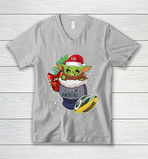 Green Bay Packers Christmas Baby Yoda Star Wars Funny Happy NFL V-Neck T-Shirt 4