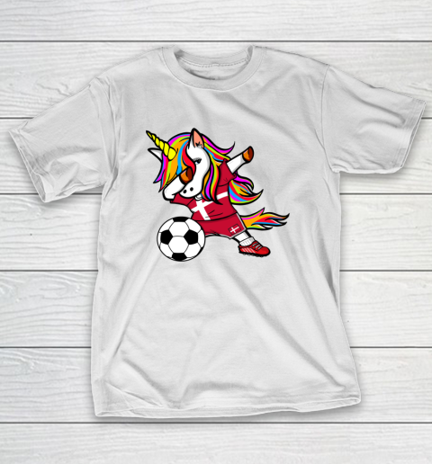 Funny Dabbing Unicorn Denmark Football Danish Flag Soccer T-Shirt