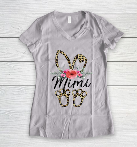 Mother s Day Easter Shirt For Mimi Leopard Bunny Floral Women's V-Neck T-Shirt