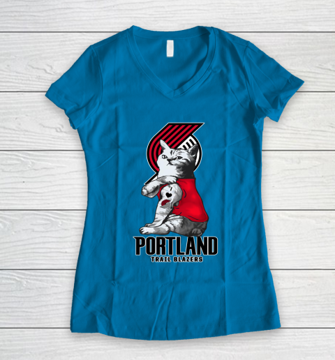 NBA Basketball My Cat Loves Portland Trail Blazers Women's V-Neck T-Shirt 5