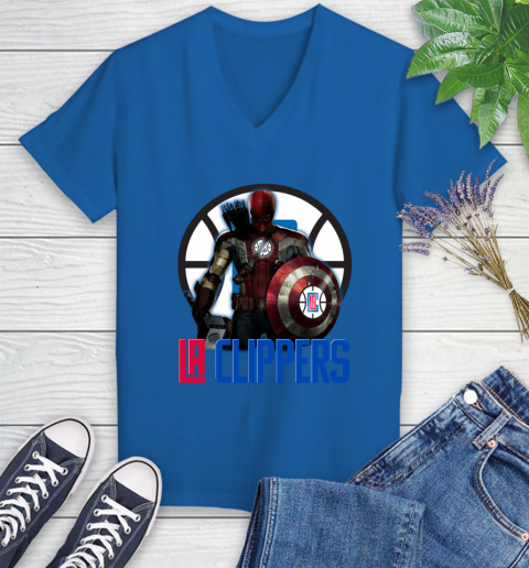 LA Clippers NBA Basketball Captain America Thor Spider Man Hawkeye Avengers Women's V-Neck T-Shirt 10