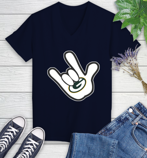 Green Bay Packers NFL Football Mickey Rock Hand Disney Women's V-Neck T-Shirt 4 Green Bay Packers NFL Football Mickey Rock Hand Disney Women's V-Neck T-Shirt - Image 4