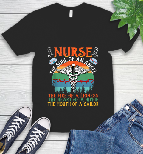 Nurse Shirt Nurse The Soul Of An Angel The Fire Of Lioness Shirt V-Neck T-Shirt