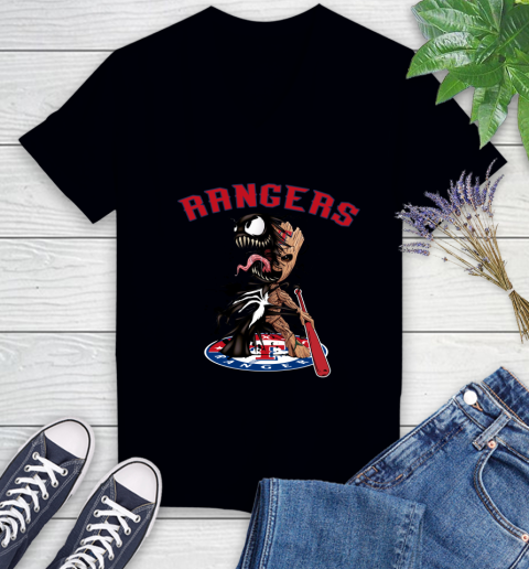 MLB Texas Rangers Baseball Venom Groot Guardians Of The Galaxy Women's V-Neck T-Shirt 2