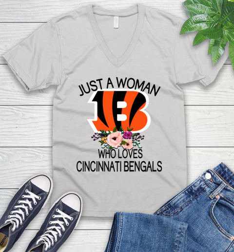 NFL Just A Woman Who Loves Cincinnati Bengals Football Sports V-Neck T-Shirt