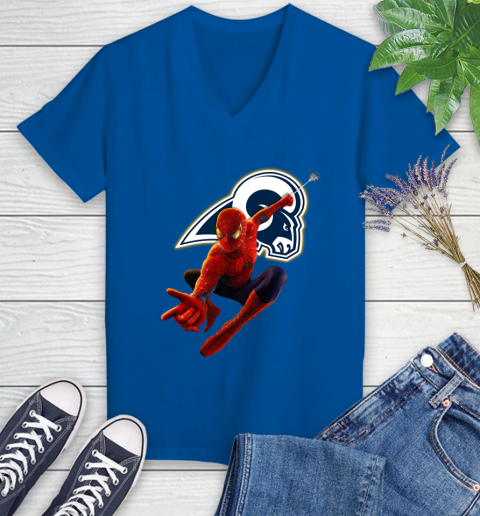 NFL Spider Man Avengers Endgame Football Los Angeles Rams Women's V-Neck T-Shirt 10