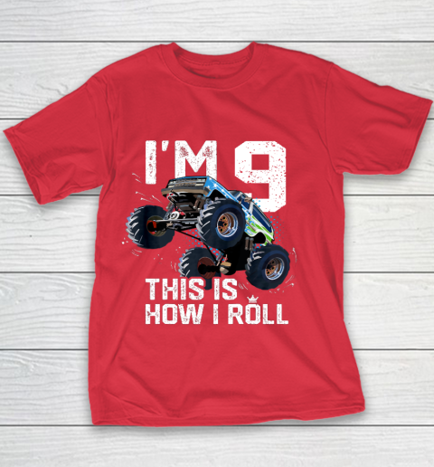 Kids I'm 9 This is How I Roll Monster Truck 9th Birthday Boy Gift 9 Year Old Youth T-Shirt 15