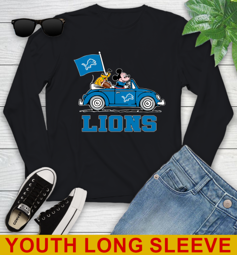 NFL Football Detroit Lions Pluto Mickey Driving Disney Shirt Youth Long Sleeve - Image 3