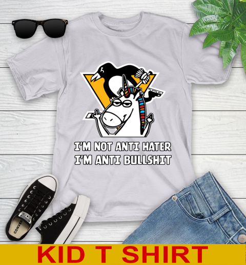 Pittsburgh Penguins NHL Hockey Unicorn I'm Not Anti Hater I'm Anti Bullshit Youth T-Shirt 5