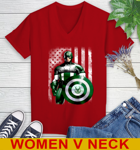 Milwaukee Bucks NBA Basketball Captain America Marvel Avengers American Flag Shirt Women's V-Neck T-Shirt 10