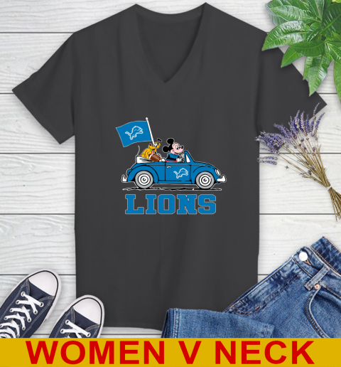 NFL Football Detroit Lions Pluto Mickey Driving Disney Shirt Women's V-Neck T-Shirt 9