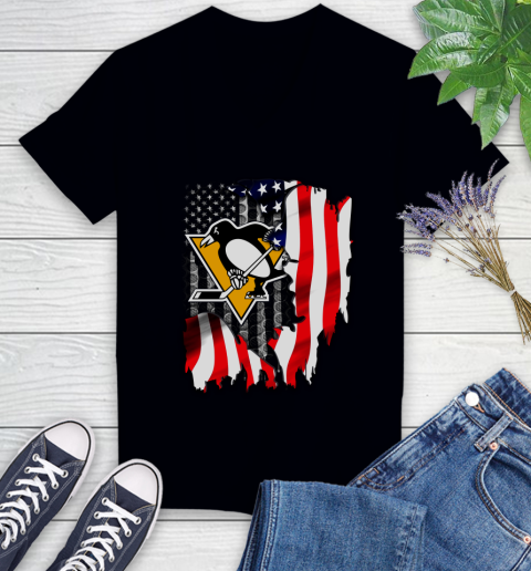 Pittsburgh Penguins NHL Hockey American Flag Women's V-Neck T-Shirt