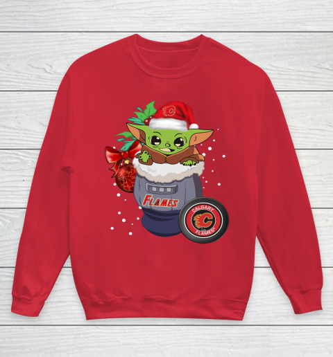 Calgary Flames Christmas Baby Yoda Star Wars Funny Happy NHL Youth Sweatshirt 9
