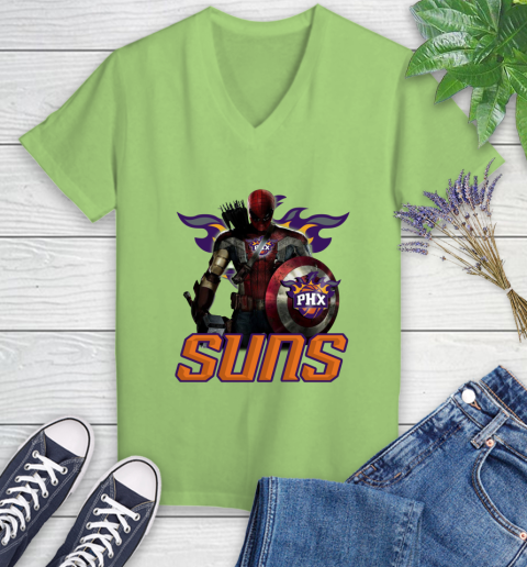 Phoenix Suns NBA Basketball Captain America Thor Spider Man Hawkeye Avengers Women's V-Neck T-Shirt 11