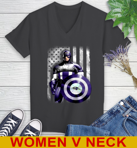 Baltimore Ravens NFL Football Captain America Marvel Avengers American Flag Shirt Women's V-Neck T-Shirt 8