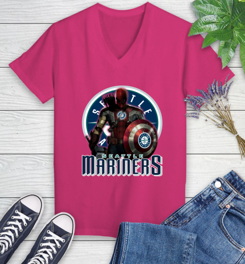 MLB Captain America Thor Spider Man Hawkeye Avengers Endgame Baseball Seattle Mariners Women's V-Neck T-Shirt 9