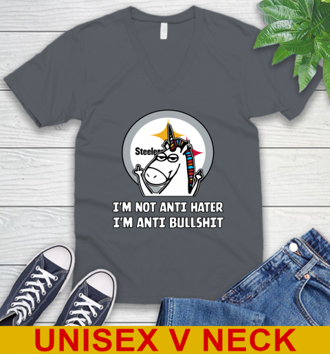 Pittsburgh Steelers NFL Football Unicorn I'm Not Anti Hater I'm Anti Bullshit V-Neck T-Shirt 5