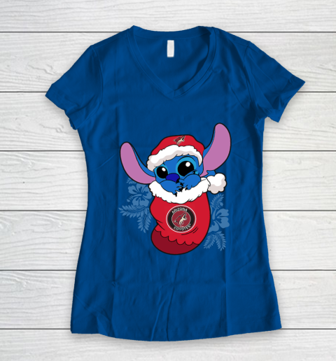 Arizona Coyotes Christmas Stitch In The Sock Funny Disney NHL Women's V-Neck T-Shirt 9