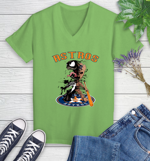 MLB Houston Astros Baseball Venom Groot Guardians Of The Galaxy Women's V-Neck T-Shirt 11
