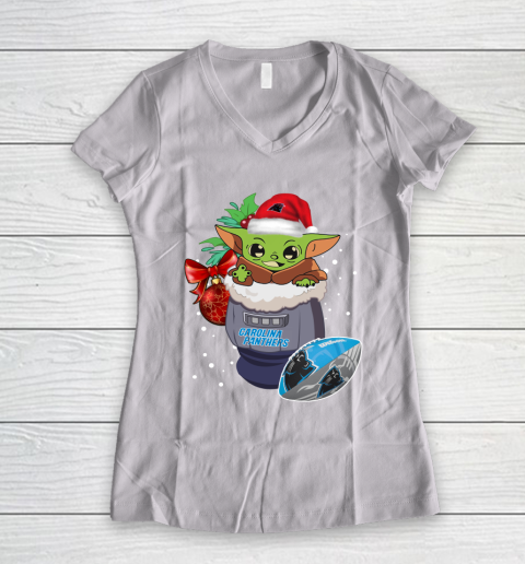 Carolina Panthers Christmas Baby Yoda Star Wars Funny Happy NFL Women's V-Neck T-Shirt 2