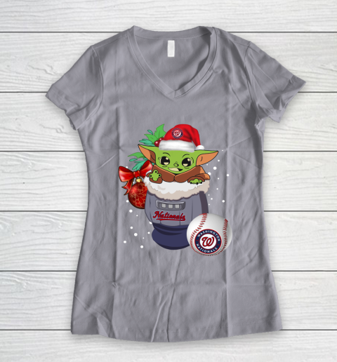 Washington Nationals Christmas Baby Yoda Star Wars Funny Happy MLB Women's V-Neck T-Shirt 4