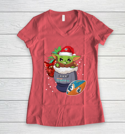 Miami Dolphins Christmas Baby Yoda Star Wars Funny Happy NFL Women's V-Neck T-Shirt 6