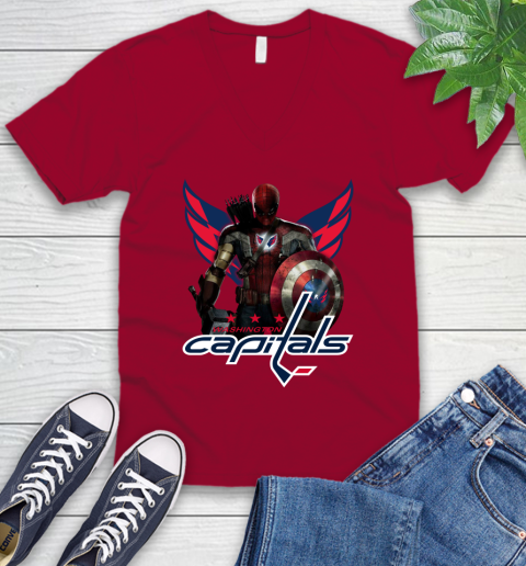 NHL Captain America Thor Spider Man Hawkeye Avengers Endgame Hockey Washington Capitals V-Neck T-Shirt 9 NHL Captain America Thor Spider Man Hawkeye Avengers Endgame Hockey Washington Capitals V-Neck T-Shirt - Image 9