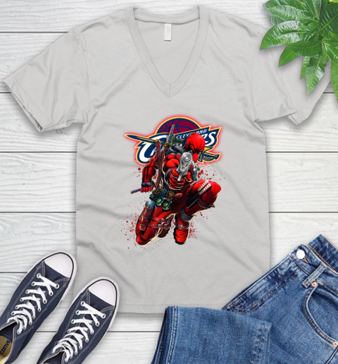 NBA Deadpool Marvel Comics Sports Basketball Cleveland Cavaliers V-Neck T-Shirt