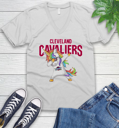 Cleveland Cavaliers NBA Basketball Funny Unicorn Dabbing Sports V-Neck T-Shirt