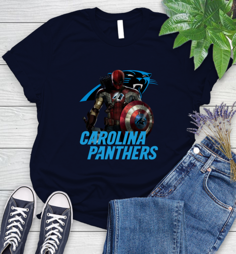 NFL Captain America Thor Spider Man Hawkeye Avengers Endgame Football Carolina Panthers Women's T-Shirt 3