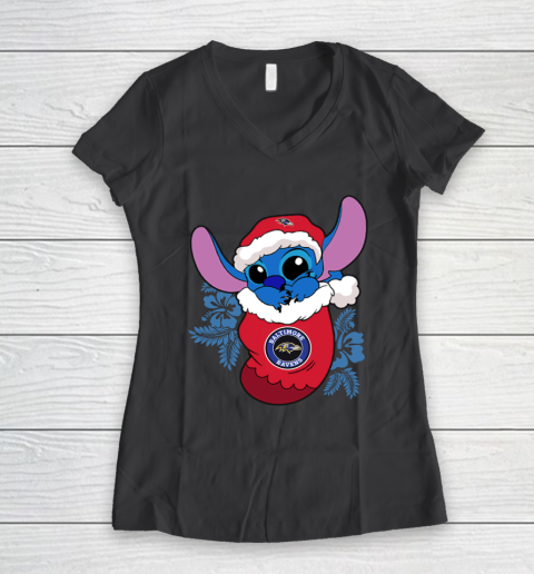 Baltimore Ravens Christmas Stitch In The Sock Funny Disney NFL Women's V-Neck T-Shirt 8