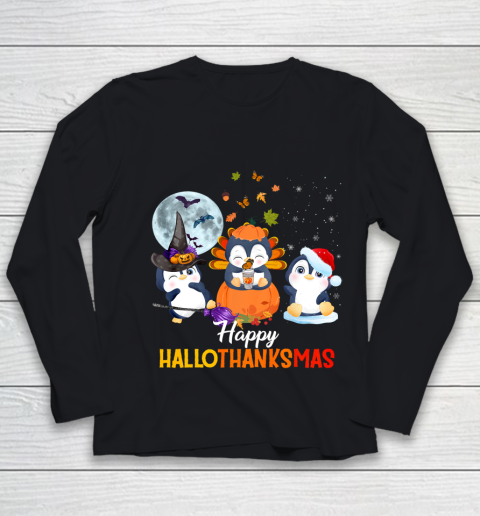 Penguin Halloween And Merry Christmas Happy Hallothanksmas Youth Long Sleeve